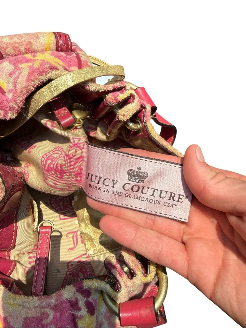 Vintage Juicy Couture Pink Y2K Floral Terrycloth Shoulder Bag Lux Charms